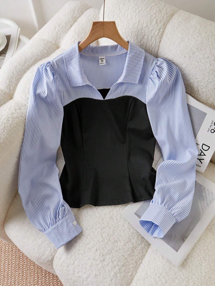 SHEIN Blusa a righe e patchwork per giovani donne, maniche a palloncino, polsini a maniche a lanterna, adatta per pendolarismo quotidiano, casual, vacanze in primavera e autunno