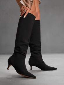 CUCCOO SZL 女士尖头小猫跟黑色靴子，时尚简约设计，适合通勤，性感派对和宴会，及膝靴 - 黑色 - 查看 5