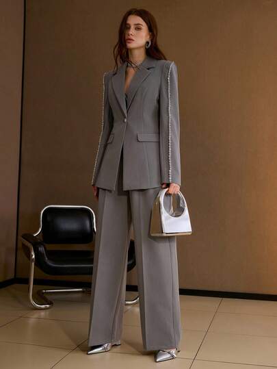 MOTF PREMIUM RHINESTONE TRIM LAPEL COLLAR BLAZER , SPRING FALL WINTER