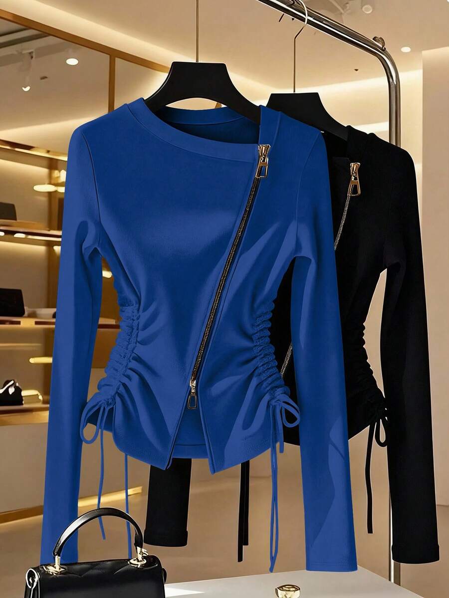 Franclia Fashionable Women's Royal Blue Square Neck Long Sleeve T-Shirt With Zipper And Ruched Sides - Royal Blue - View 1