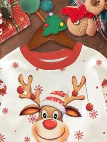 SHEIN Happikins Young Girl's Casual Christmas Cute Cartoon Reindeer & Polka Dot Snowflake Pattern Loose Fit Cozy Crew Neck Long Sleeve Knit Sweatshirt, Suitable For Autumn/Winter Girl Christmas Pajamas Kids Christmas Sweater Little Girl Winter Set Girl Christmas Sweater Kids Christmas Pajamas - Multicolor - View 6