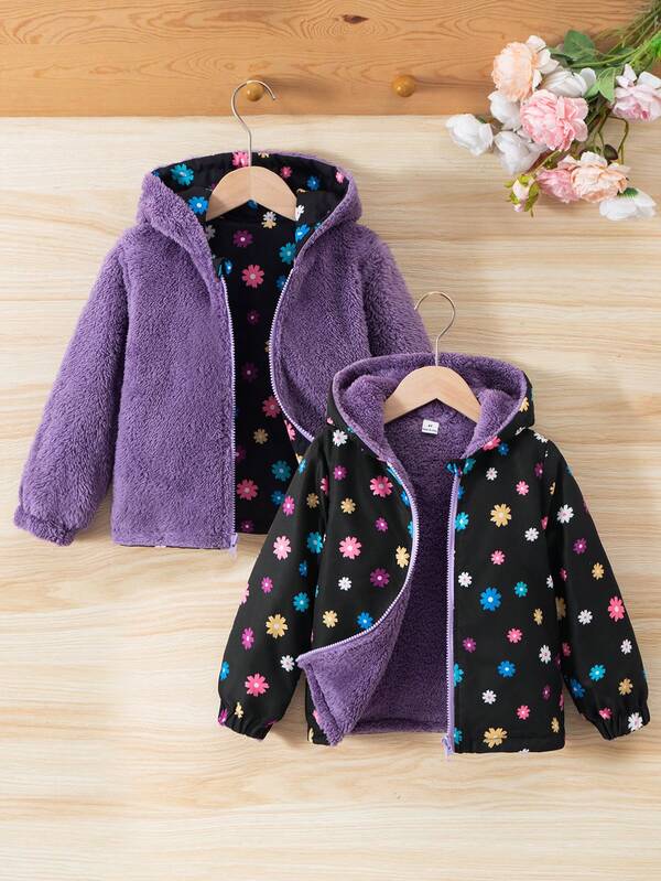 Young Girls Casual Reversible Zip-Up Hooded Jacket, Autumn/Winter