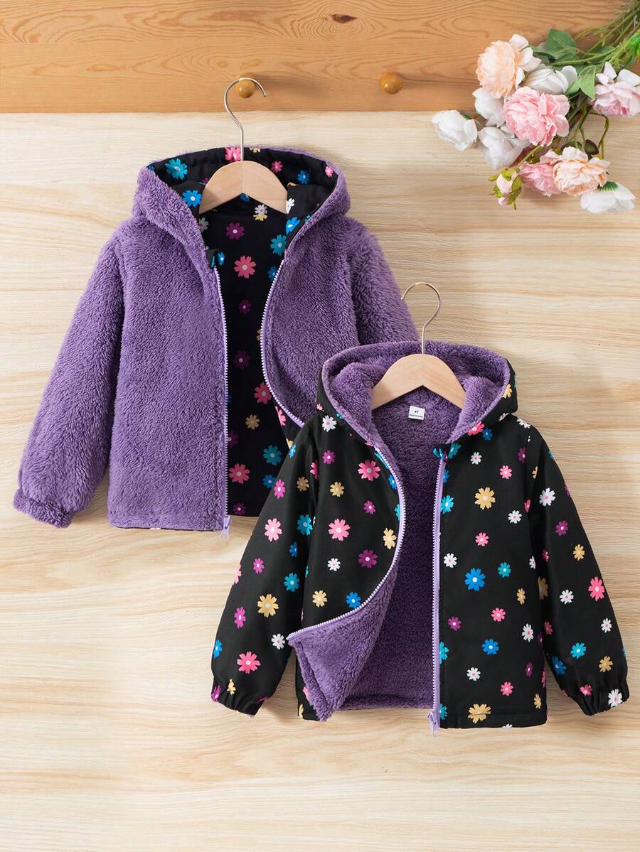 女童休闲双面拉链连帽外套，秋冬季 - 黑色 - 查看 1