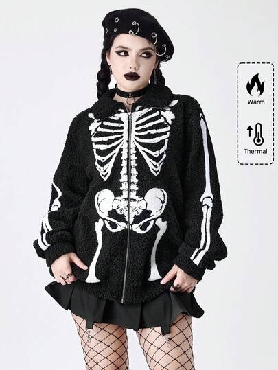 Goth Chaqueta de mujer de forro polar con estampado de esqueleto gótico para Halloween