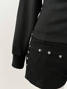 Sunspun Áo nỉ chắp vá lông giả màu trơn ôm sát cạp cao sang trọng - màu đen - Xem 3