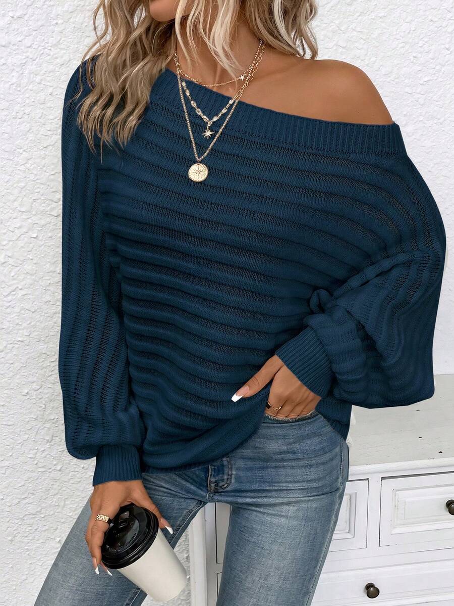 SHEIN LUNE 大码女式长袖露肩毛衣 - 寶藍色 - 查看 1