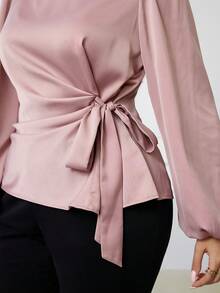 Modelyn Plus Size Elegant Commuter Solid Color Tie Waist Shirt - Pink - View 1