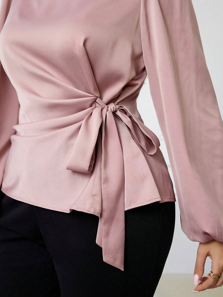 Modelyn Plus Size Elegant Commuter Solid Color Tie Waist Shirt - Pink - View 1
