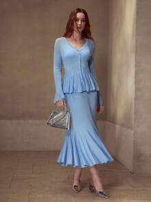 MOTF PREMIUM 蓝色水钻美人鱼边饰毛衣裙 - 寶藍色 - 查看 1