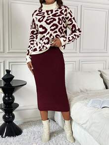 SHEIN Clasi 2 件套女士豹纹纯色高领优雅舒适合身针织毛衣套装，秋冬 - 酒紅色 - 查看 3