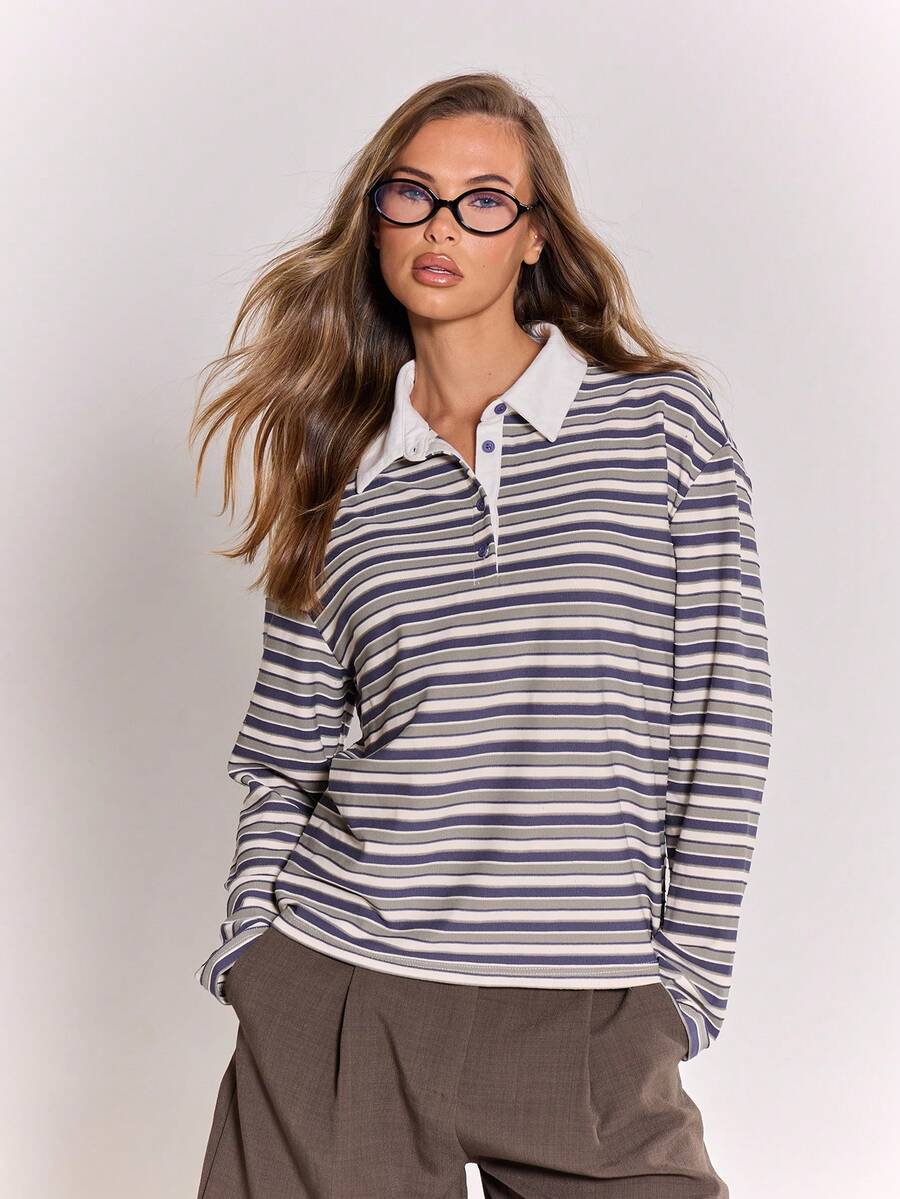 MUSERA Stripe Button Oversized Collard Polo Top Fall Autumn Cosy Cute Casual Coffee Club Spring Summer Holiday - Blue - View 1
