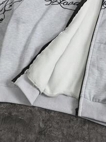 ROMWE MEN Street Life Áo hoodie nam tay dài, cổ lông xù, in họa tiết, dáng rộng, có khóa kéo. - Xám - Xem 4