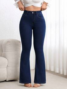 Flexra 女式高腰口袋喇叭休闲百搭牛仔裤 - 深色水洗藍 - 查看 7