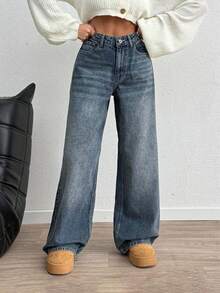 SHEIN PETITE Women's Casual Washed High Waist Wide Leg Jeans - Medium Wash - View 4