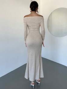 Firerie Women's Elegant Beige Autumn Ribbed Knit Bodycon Dress, Off Shoulder Pleated Long Sleeve Mermaid Hem Maxi Dress,Dining Date Night Party Dress - Coffee Brown - View 6