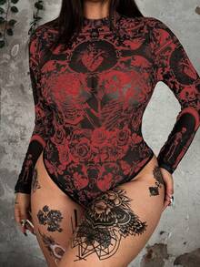 Whyspr Plus Size Gothic Punk Style Crew Neck Long Sleeve Mesh Printed Bodysuit, Elegant Vintage Casual Vacation Wear For Halloween - Burgundy - View 5