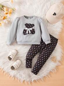 SHEIN Babygirl 可爱卡通图案长袖卫衣和裤子套装，秋冬 - 彩色 - 查看 3