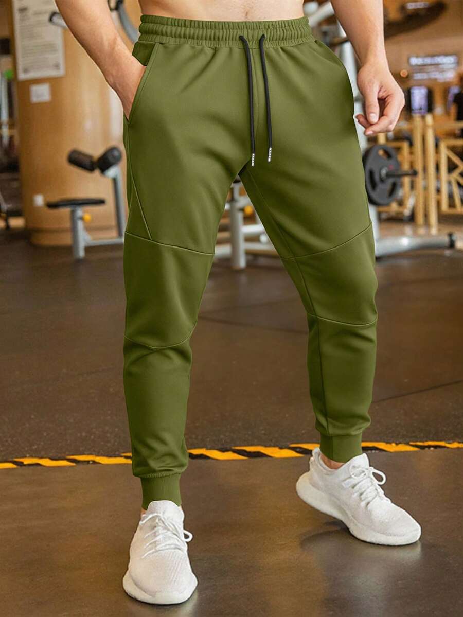 Manfinity Homme 男士纯色抽绳腰带口袋慢跑运动裤 - 軍綠色 - 查看 1