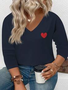 EMERY ROSE Women's Heart Print V-Neck Long Sleeve Plus Size T-Shirt, Popular For Autumn/Winter - Navy Blue - View 6