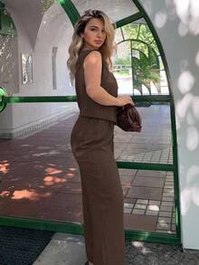 Jeta Ari 女款純色單排扣背心與長褲兩件式休閒套裝，夏季，小個子女性 - 巧克力棕 - 查看 6