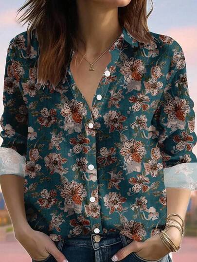EMERY ROSE Women's Casual Shirt With Floral Print Retro, Suitable For Use In Spring And Summer