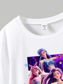 两件套少女休闲韩流卡通印花短袖T恤和喇叭裤套装，适合户外休闲、返校、派对、野餐、街头摄影、校园、节日、送礼，春/秋/冬皆宜。 - 彩色 - 查看 5