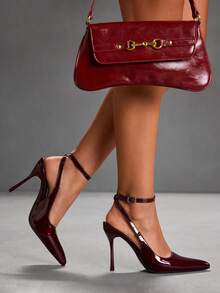 CUCCOO SZL Pointed Toe Stiletto High Heel Burgundy Faux Pearl Fabric Fashion Versatile Sexy Party Ankle Strap Women's High Heel Pumps For Christmas - Burgundy - View 9