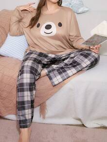Slumberry CURVE Plus Size Women Cute Animal Expression & Plaid Print Long Sleeve Pajama Set, Winter Clothes - Multicolor - View 6