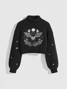 Goth Suéter feminino casual de gola alta, manga comprida e ombros caídos com estampa de morcegos e plantas, ideal para outono/inverno. - Preto - Ver 1