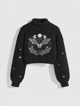 Goth Suéter de cuello alto de manga larga con hombros caídos y estampado de murciélago y plantas, informal, para otoño/invierno