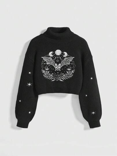 Goth Suéter de cuello alto de manga larga con hombros caídos y estampado de murciélago y plantas, informal, para otoño/invierno