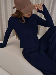 MUSERA 纽扣长袖开衫搭配宽松弹力针织裤和罗纹针织套装，优雅性感街头风，适合夜间外出，春季百搭单品。 - 藏蓝色 - 查看 3