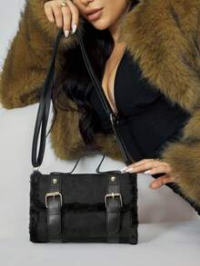 CUCCOO SZL 1 件女士时尚翻盖小斜挎包，别致毛茸茸边缘手提包，单肩斜挎包 - 黑色 - 查看 3