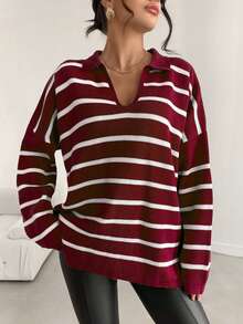 EURMUSE Plus Size Casual Colorblock Striped Drop Shoulder Sweater, Autumn/Winter - Burgundy - View 6