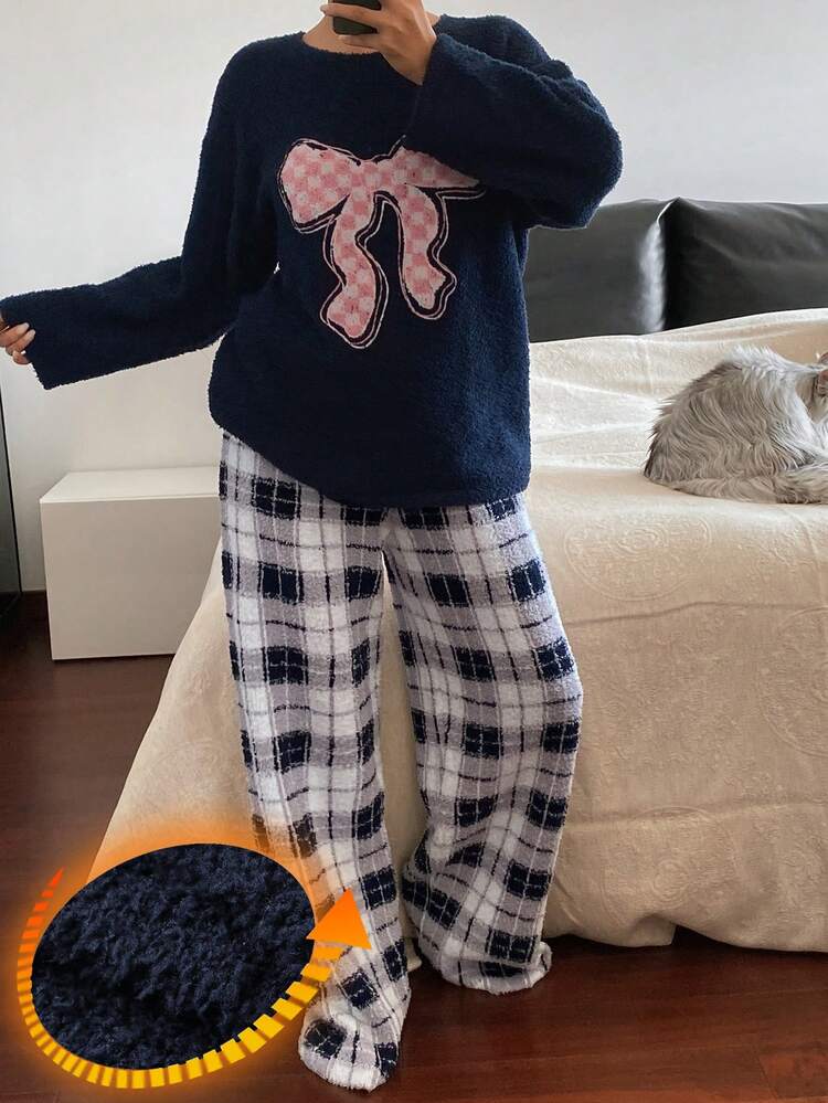 2pcs Bow Decor Loose Fit Long Sleeve & Long Pants Knitted Pajama Set For Women, Autumn/Winter