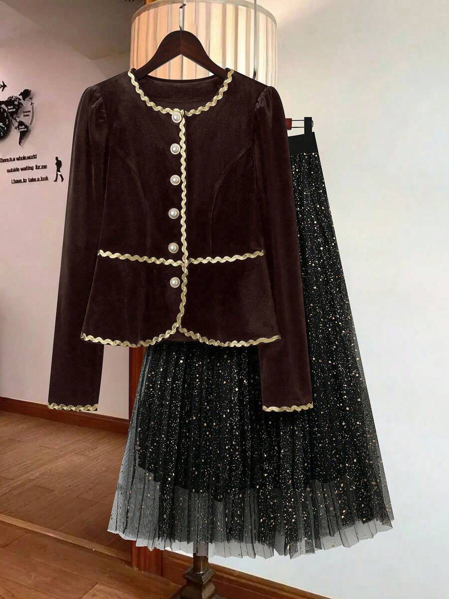 SHEIN Clasi French Retro High-End Short Waist-Cinched Velvet Jacket & High-Waisted Pleated Skirt 2 Pieces Set - Coffee Brown - View 1