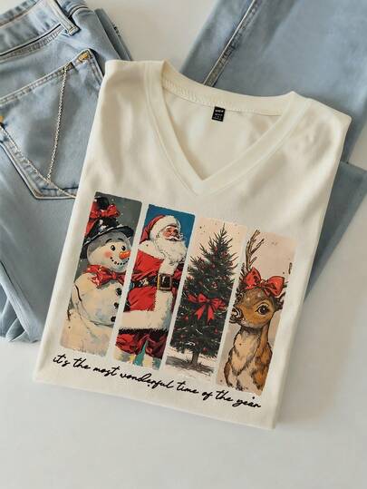 INAWLY Women's Fashion V-Neck Short Sleeve Casual Top With Santa Claus, Snowman, Reindeer And Christmas Tree Graphic Print, Summer