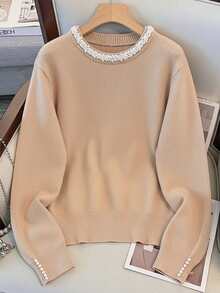 GlowEve CURVE Suéter elegante de manga larga con cuello redondo y adornos de perlas para tallas grandes - Albaricoque - Ver 1