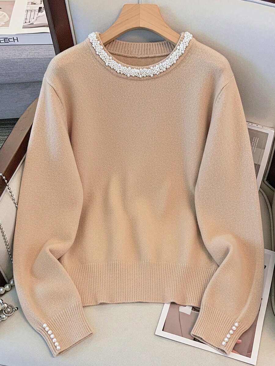 GlowEve CURVE Suéter elegante de manga larga con cuello redondo y adornos de perlas para tallas grandes - Albaricoque - Ver 1