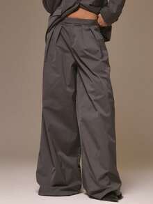 MUSERA 褶裥阔腿裤，酷女孩街头风，可爱秋冬春季穿搭 - 深灰色 - 查看 2