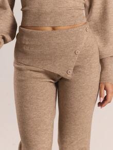 MUSERA Fold Over Button Waistband Mid Rise Flared Knit Trousers Only Autumn Winter Knitwear Casual Going Out Everyday Night Out Sexy Cute Cosy  Elegant Spring - Khaki - View 5