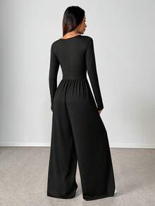 SHEIN Unity Casual Round Neck Side Ruched Long Sleeve Black Jumpsuit, Suitable For Spring, Autumn And Winter - Black - View 2