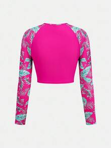 SHEIN Conjunto de traje de baño con top de manga raglán y shorts con estampado de plantas tropicales para adolescentes - Rosa - Ver 5