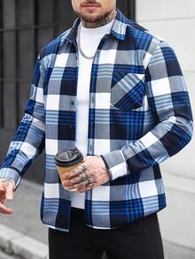 Manfinity CasualCool Men's Casual Plaid Button-Up Long Sleeve Shirt With Pockets, Autumn Blue, Black And White Shirts Men Flannels Shirt