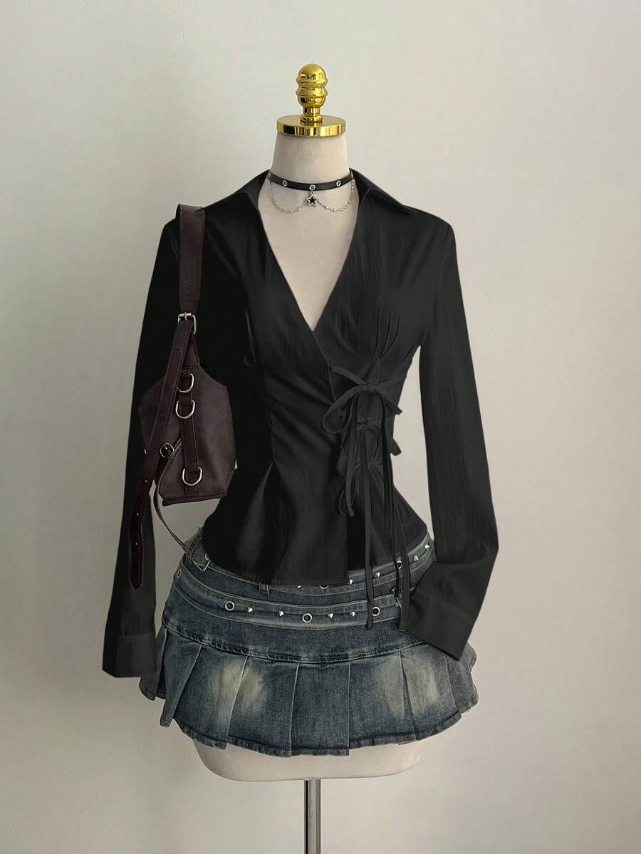 Elamini 性感立领侧边系带修身长袖女式衬衫 - 黑色 - 查看 1