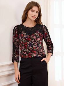 Miaspire Women's Lace Floral Print Patchwork Round Neck 3/4 Sleeve Elegant Blouse Vacation Spring Summer - Multicolor - View 5