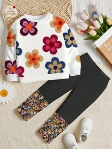 SHEIN 2 件套年轻女孩休闲可爱纹理碎花柔软厚圆领长袖运动衫和花卉拼布打底裤，适合秋冬季