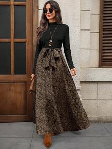 SHEIN LUNE Abito lungo elegante e casual da donna con stampa leopardata e colori a contrasto, adatto per l'autunno/inverno - Bianco - Visualizzare 5