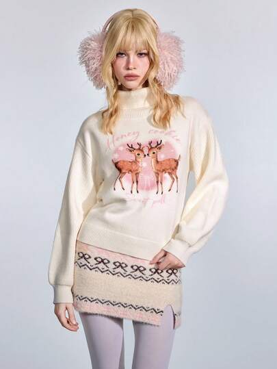 Kawaii Jersey de punto con cuello alto y estampado de ciervos lindo para mujer