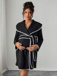 SHEIN Pregnant Women's Floral Trim Long Sleeve Casual Mid-Length Wool Blend Coat, Autumn/Winter - Black - View 7